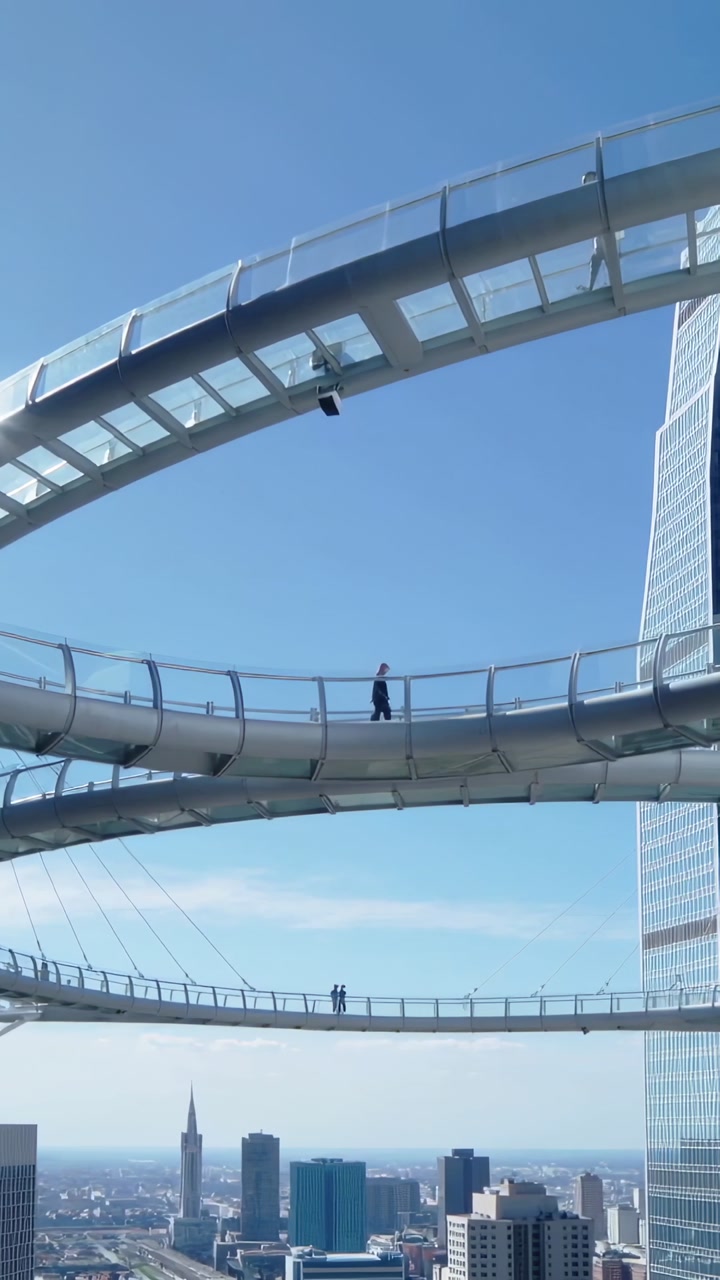 Vertical video: Entering, walking man in dark coat crossing middle ring toward tower, passing box