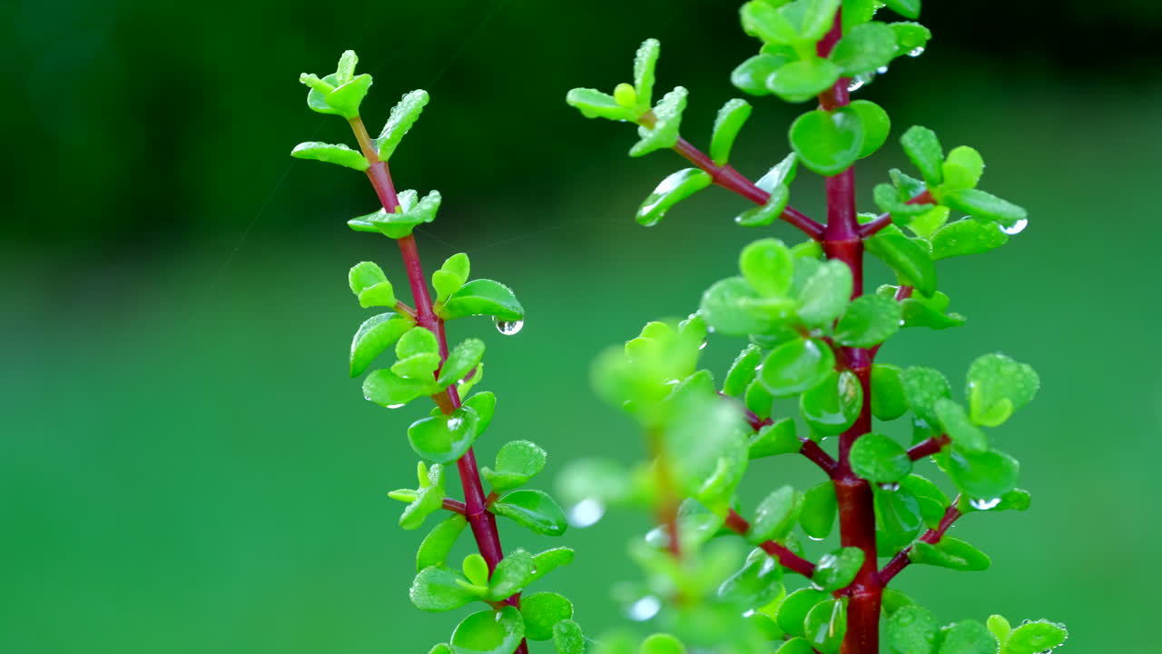 Hand strokes wet spekboom (elephant bush) with rain droplets, detailed view