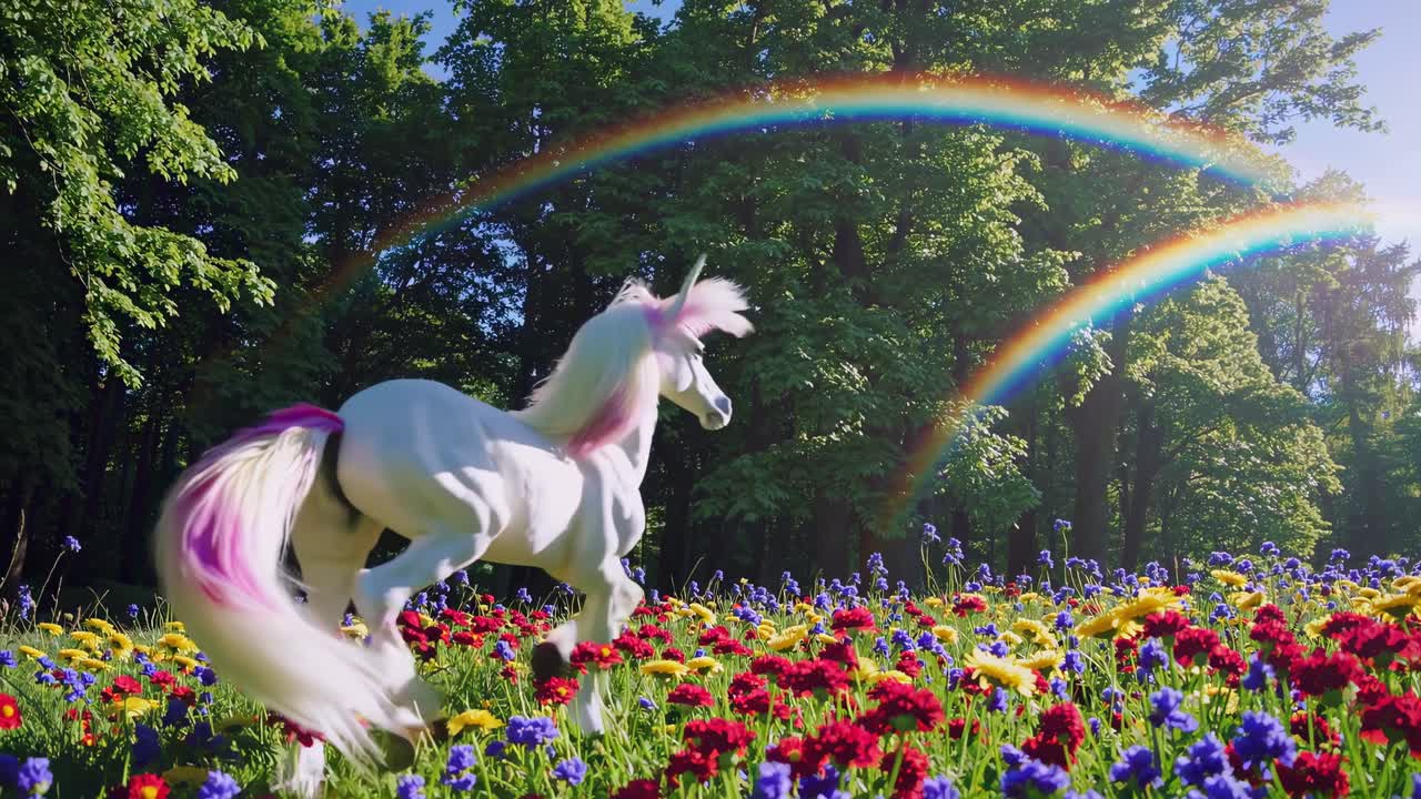A whimsical video scene of a unicorn trotting through a vibrant flower field under double rainbows