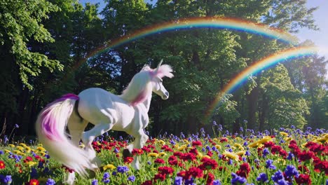 a whimsical video scene of a unicorn trotting through a vibrant flower field under double rainbows