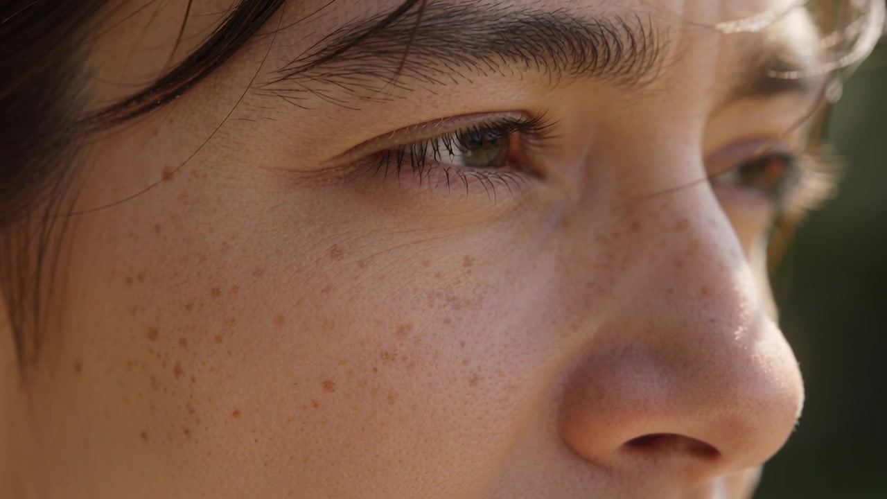 Adolescente parpadeando, entrecerrando los ojos y reenfocando hacia la derecha, hacia la luz del sol en el parque, con pecas