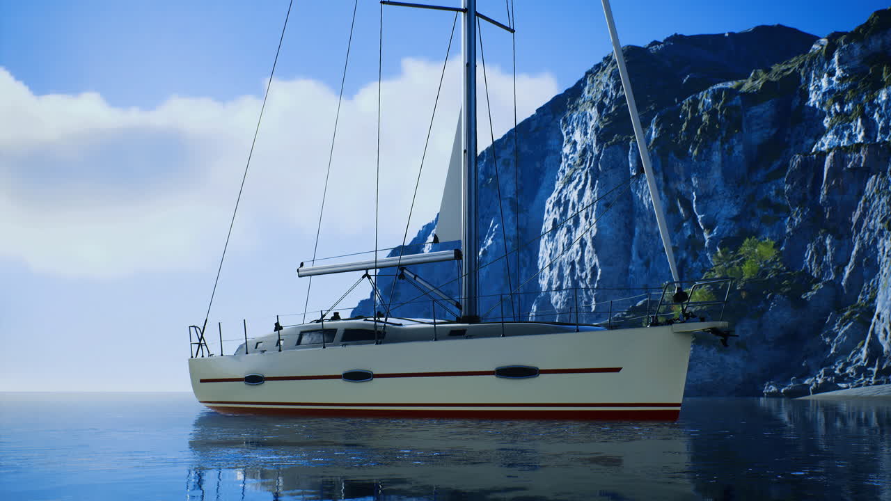 Sailboat cruising near a rocky shore under a clear blue sky
