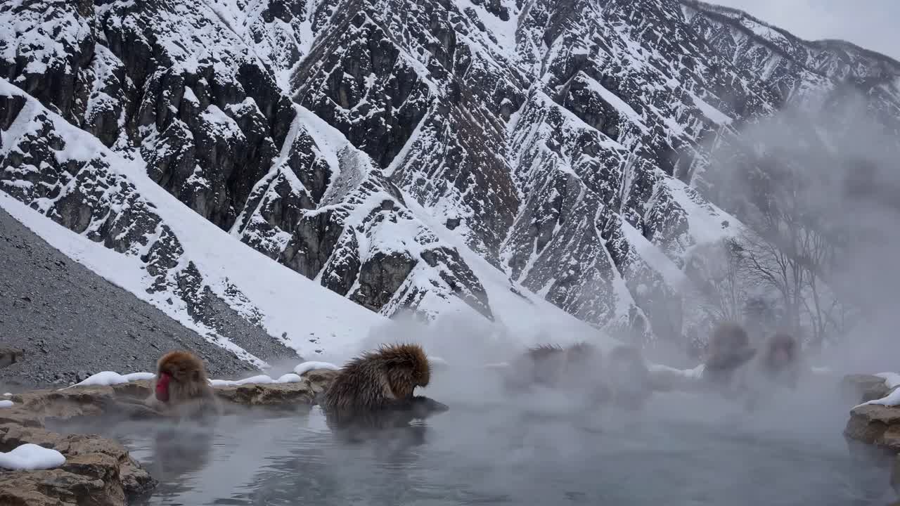 Ein ruhiges Video fängt Schneeaffen in einer heißen Quelle ein, umgeben von verschneiten Bergen