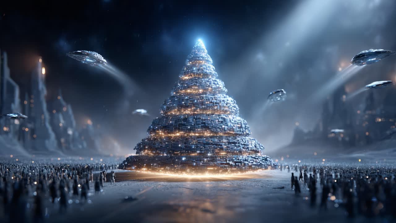 A Surreal Sci-Fi Landscape Featuring a Majestic Pyramid Structure Surrounded by Futuristic Crafts and an Enigmatic Crowd in a Dystopian World