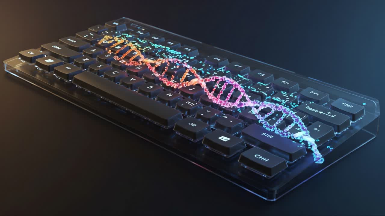 A Creative Fusion of Technology and Biology: A Stunning Keyboard Design Adorned with a DNA Helix Pattern, Symbolizing Innovation and Connectivity in the Digital Age