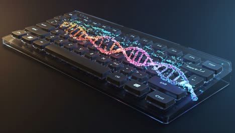 a creative fusion of technology and biology: a stunning keyboard design adorned with a dna helix pattern, symbolizing innovation and connectivity in the digital age