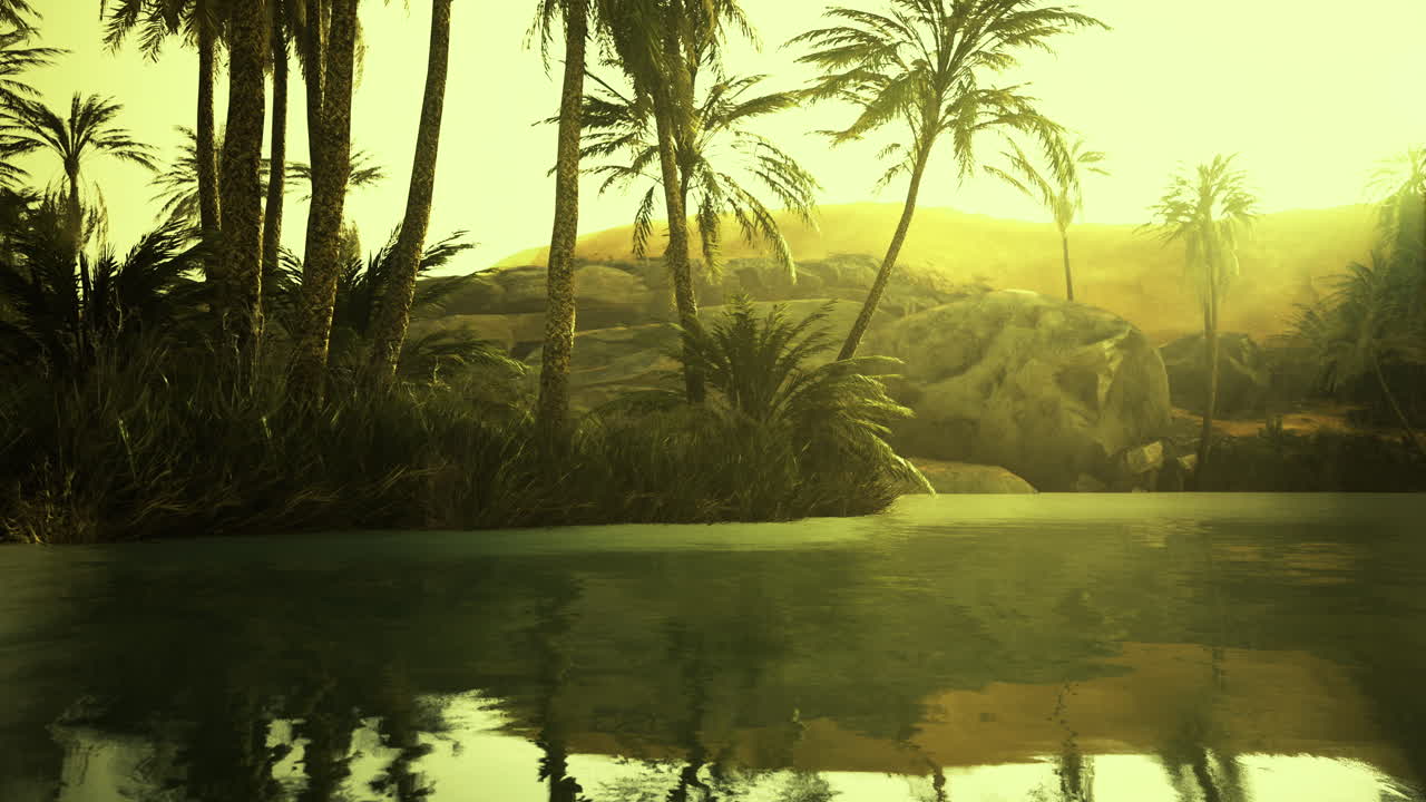 Sunlit tranquility in a lush oasis under the warm glow of sunset