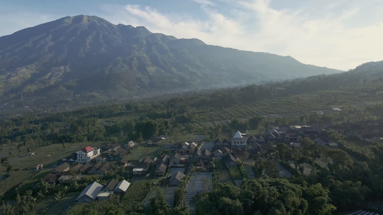 Aerial view of village surrounded by green land of agricultural field with huge mountain on the background