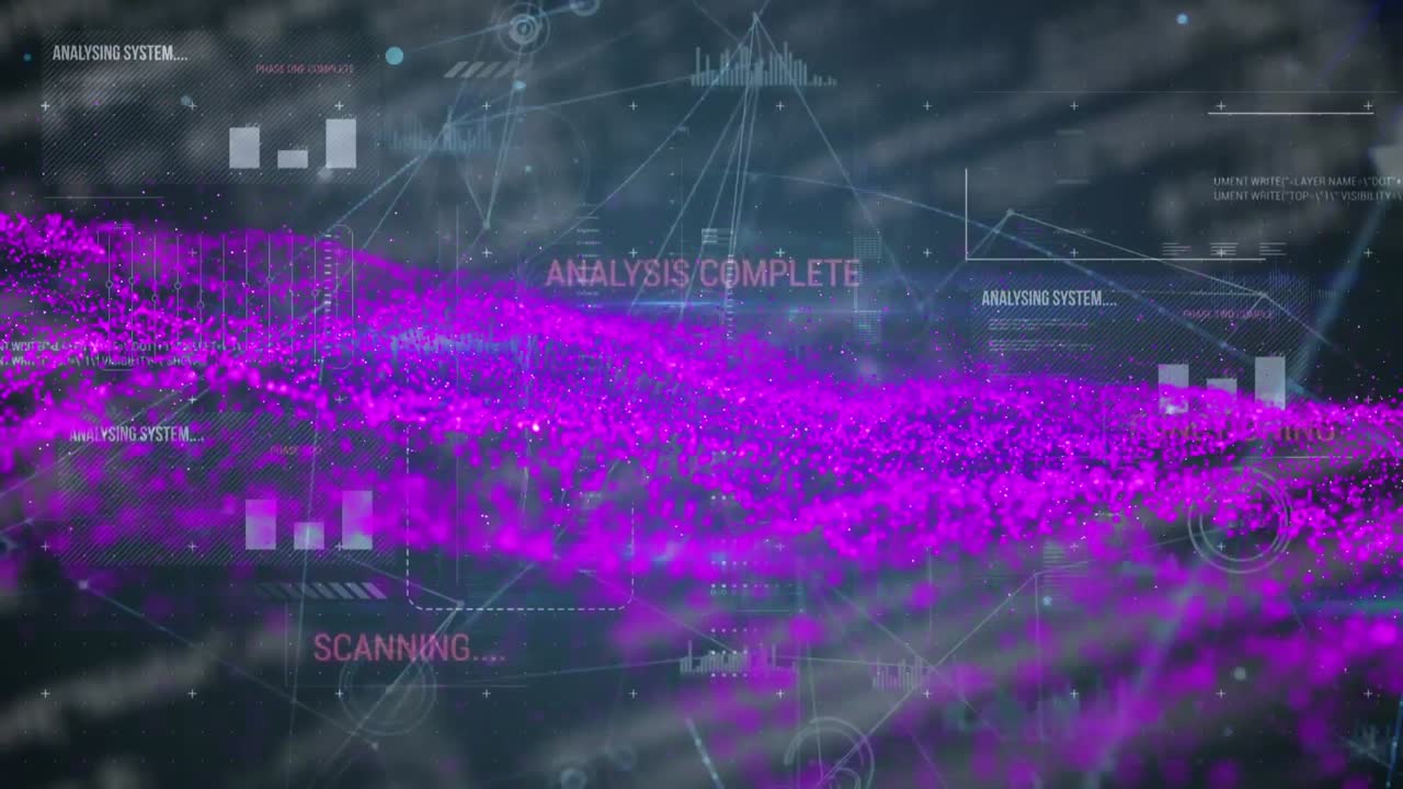 animación de brillo púrpura sobre conexiones y procesamiento de datos sobre fondo negro.