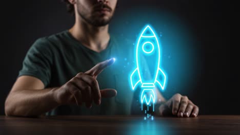 a man interacting with a holographic rocket illustration, depicting concepts of innovation, technology advancement, and future possibilities in a dark setting