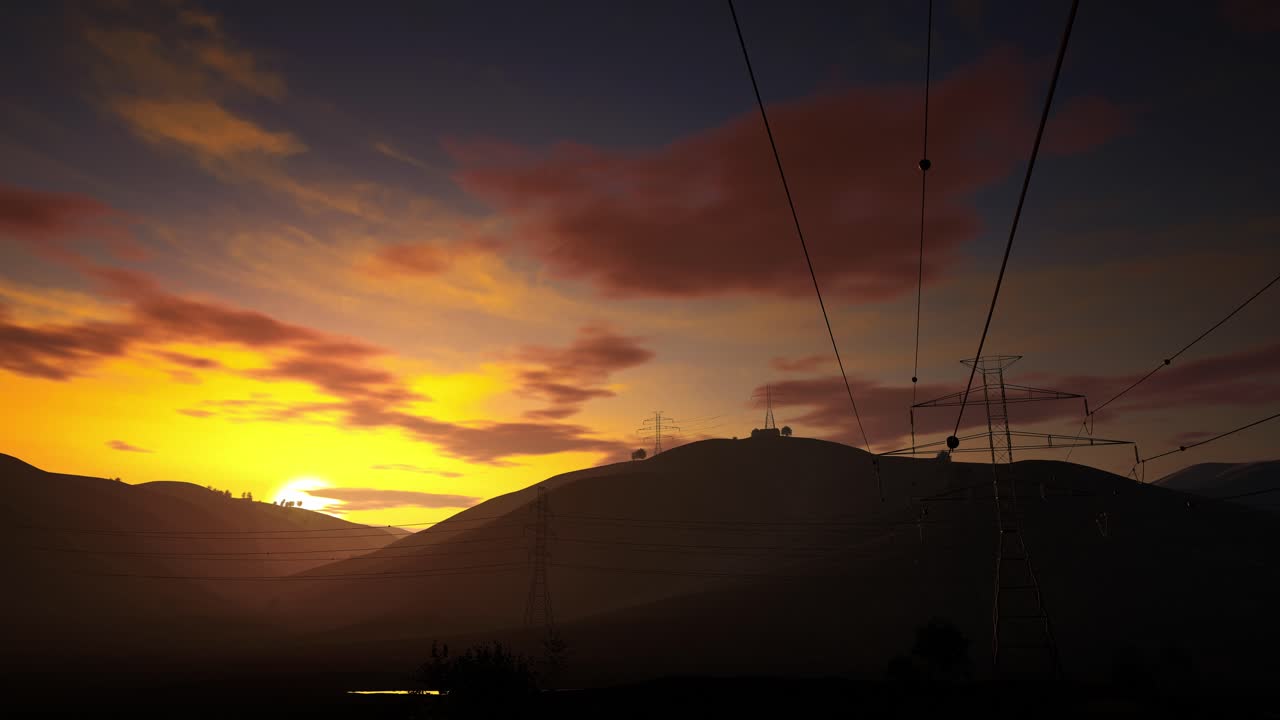 해가 지면 산 위에 있는 고전압 전력 타워: 전송 전력과 함께 해가 지는 4k 시간 간격의 강철 기둥 타워, 시골의 전력 기둥