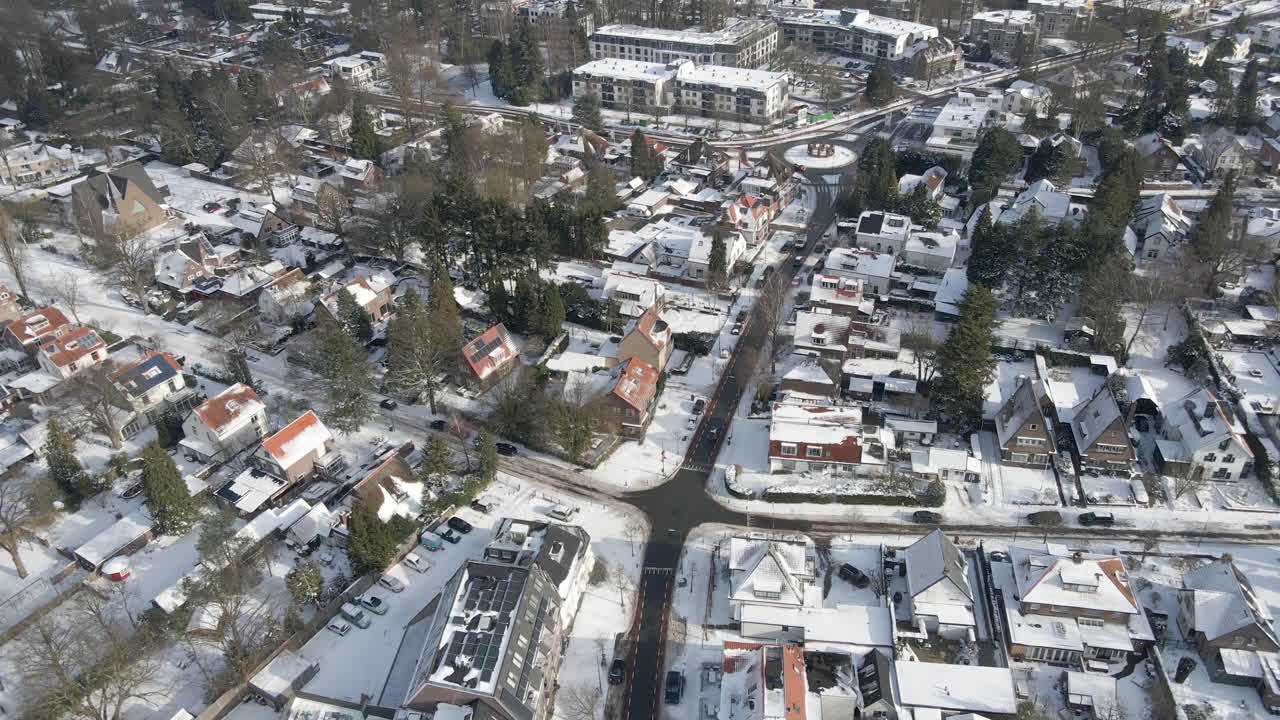 Aerial of busy rural town in winter
