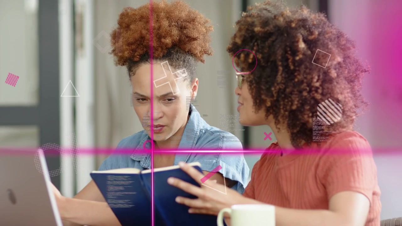 Two women right holding notebook urging left tapping laptop pink overlays sweeping for study