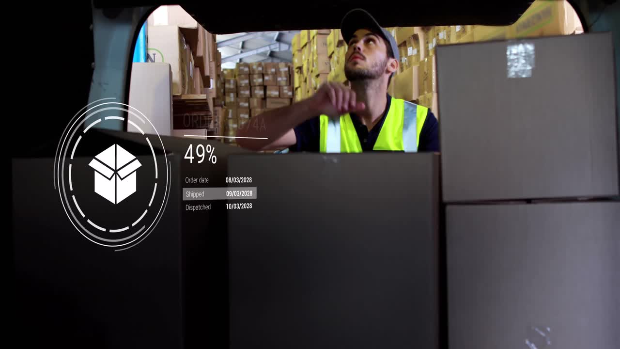 창고에서 카우카스인 배달사에 대한 데이터 처리와 함께 아이콘의 애니메이션