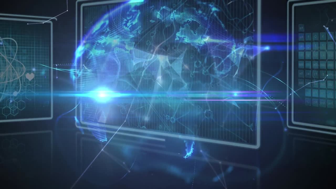 Animation of data processing over screens on dark background