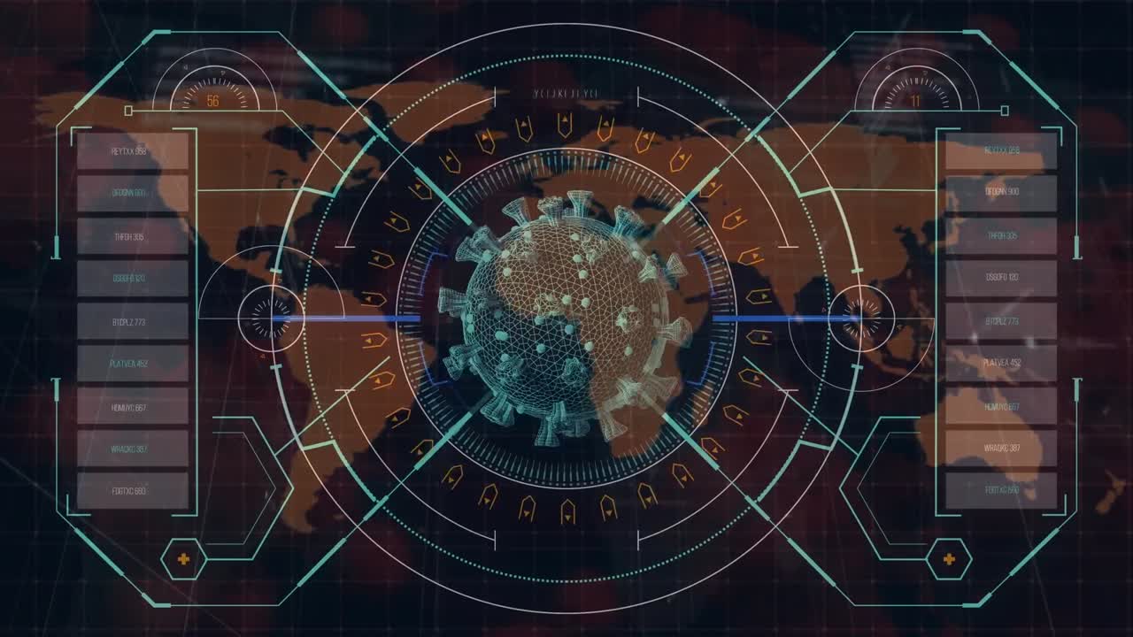 Animazione di cellula Covid-19 ed elaborazione dati su mappa del mondo.
