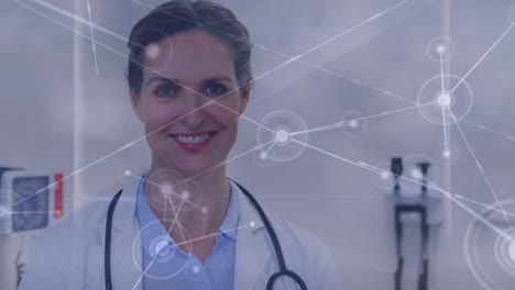 Animation-of-network-of-connetcions-and-green-shapes-over-caucasian-female-doctor