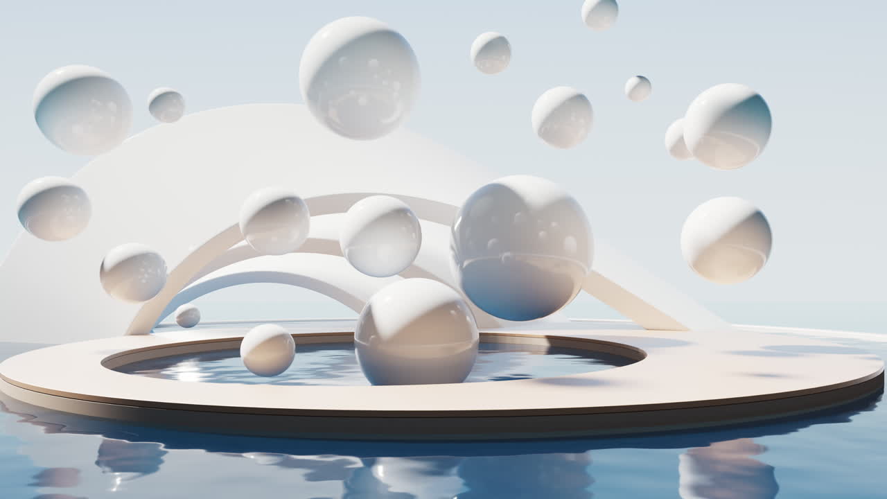 bolas flotantes y fondo de la superficie del agua, renderización en 3d.