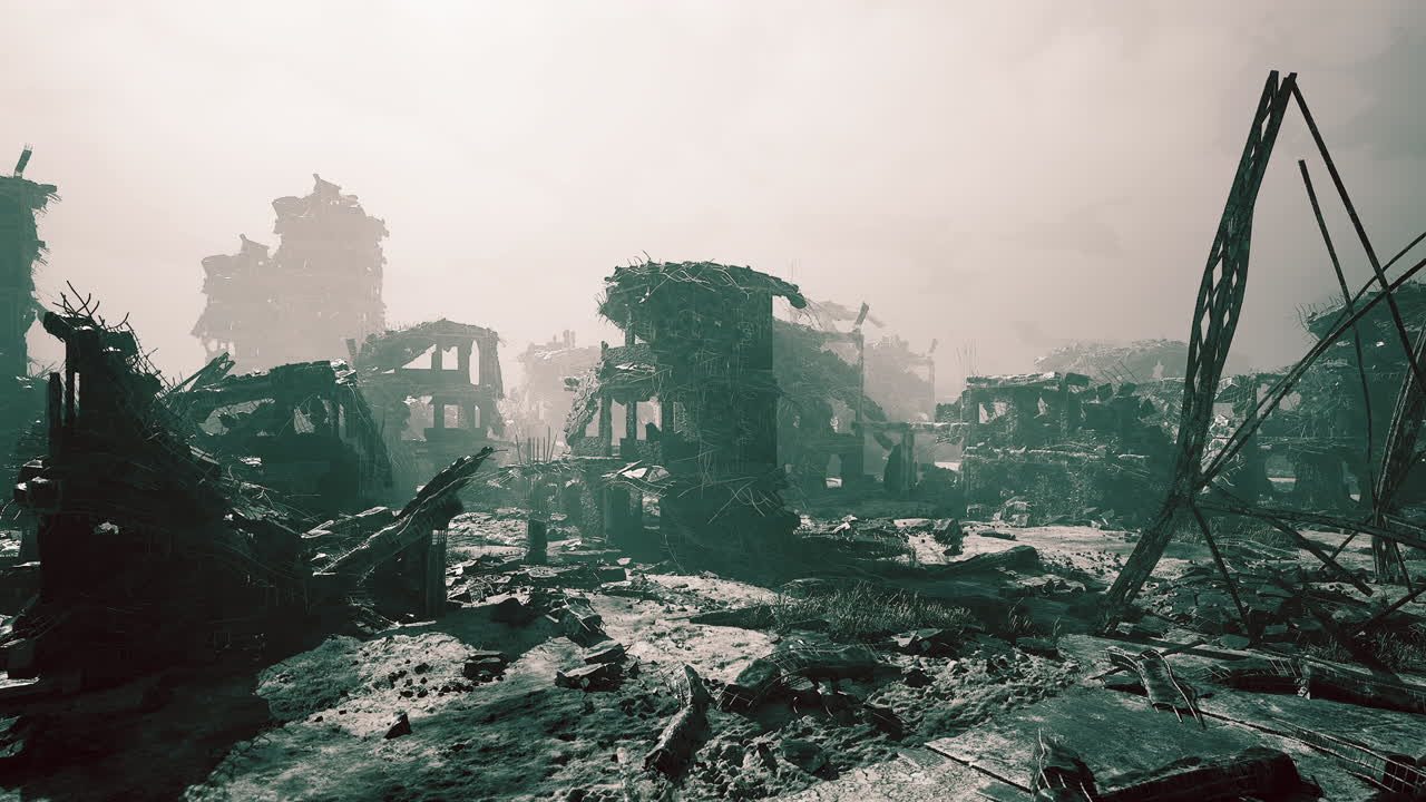 Rovine di una città devastata dopo un evento catastrofico con atmosfera nebbiosa.