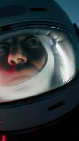astronaut with helmet explores new desolate planet at night out of spaceship