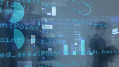Animation of financial data processing over business people walking