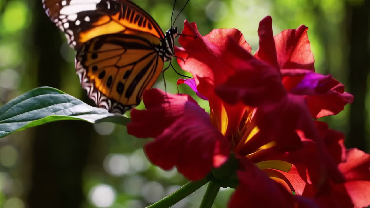Tropical Forest and Butterfly on Red Flower