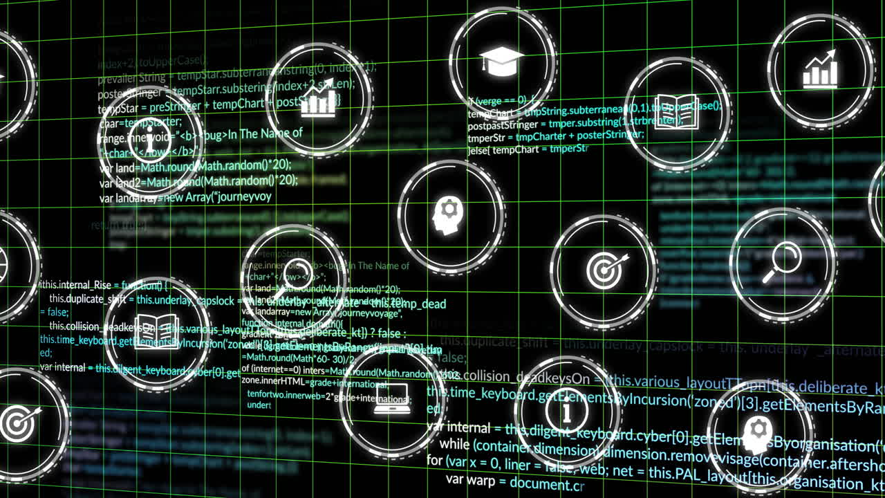 animación de iconos digitales y procesamiento de datos sobre un fondo oscuro