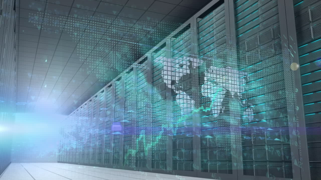 Animation of data processing and world map over server room