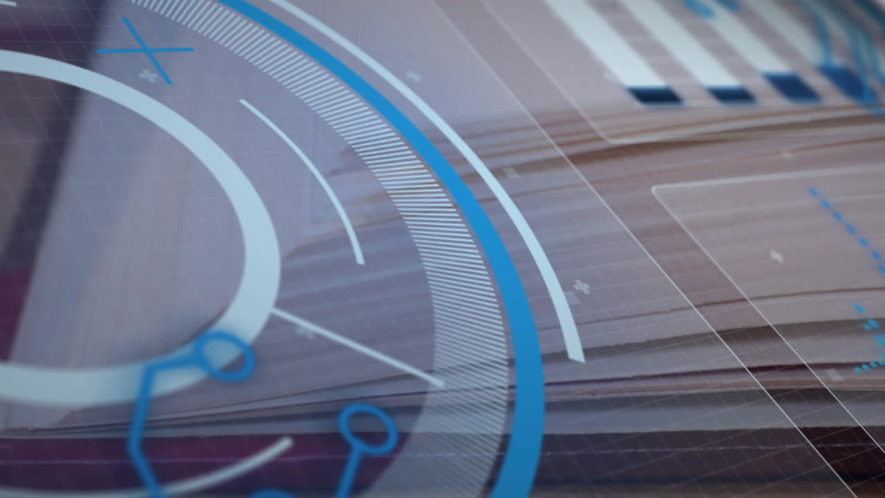 Futuristic HUD graphic floating over wooden tabletop and corrugated cardboard stack in flat design