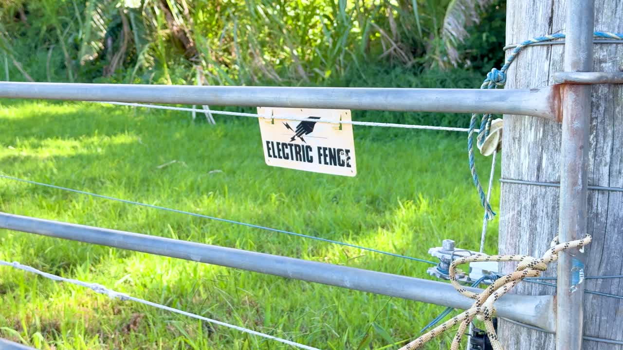 Close-up of a metal electric fence with warning sign on a wooden post, bright daylight, grassy rural farm environment, minimal camera movement