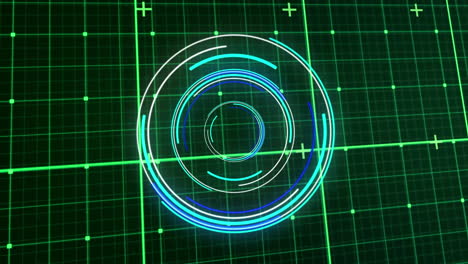 animación de líneas que se mueven en círculos iluminados sobre un patrón de cuadrícula contra un fondo abstracto