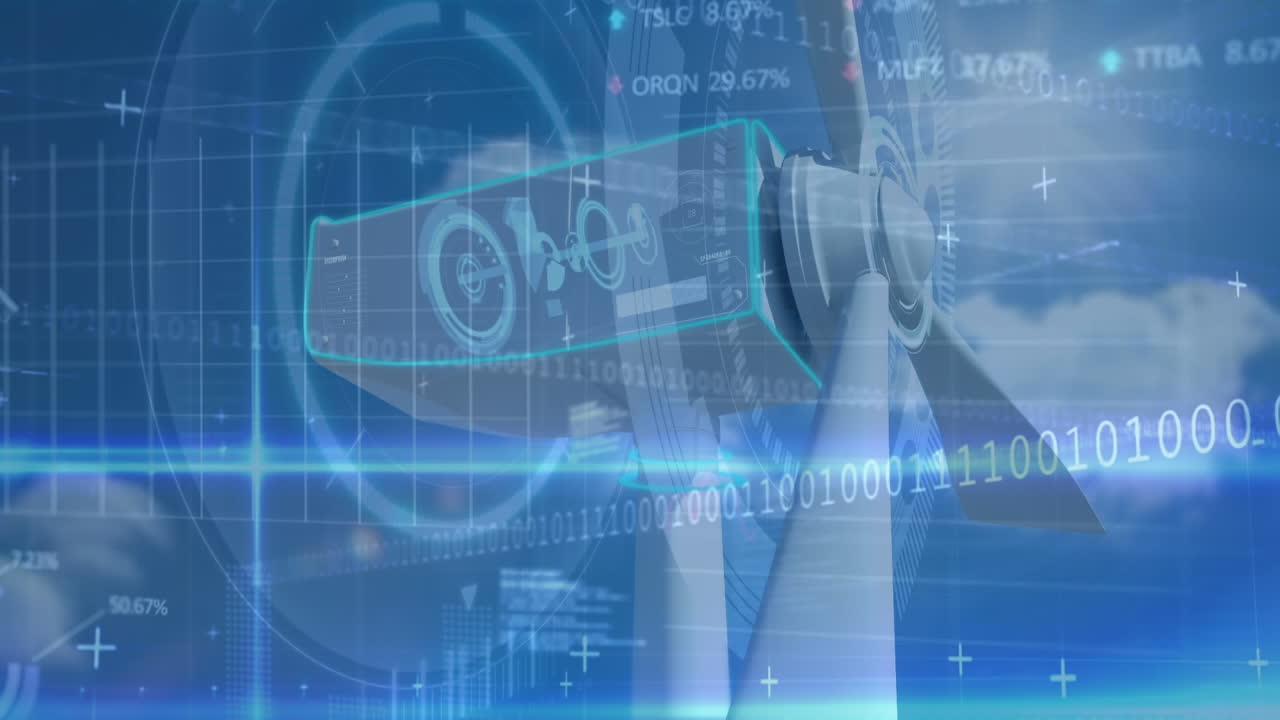 바이너리 코딩과 풍력 터빈을 통한 데이터 처리 애니메이션