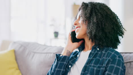 Happy,-phone-call-and-woman-on-a-sofa