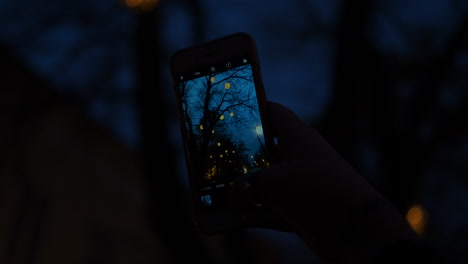 Taking-picture-with-smartphone-on-an-outdoor-Christmas-decoration-with-led-balls-on-tree-branches