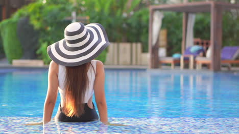 young beautiful women wearing a swimsuit sitting in the swimming pool, enjoying