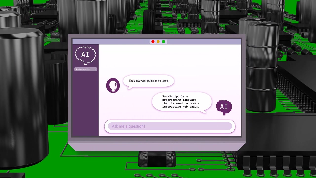 Violet bar appearing, chat window growing over PCB, user typing JavaScript, AI replying to explain