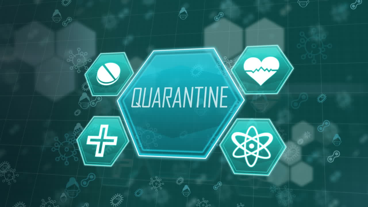 Animation of blue icons over a bue grid, bacteria and virus