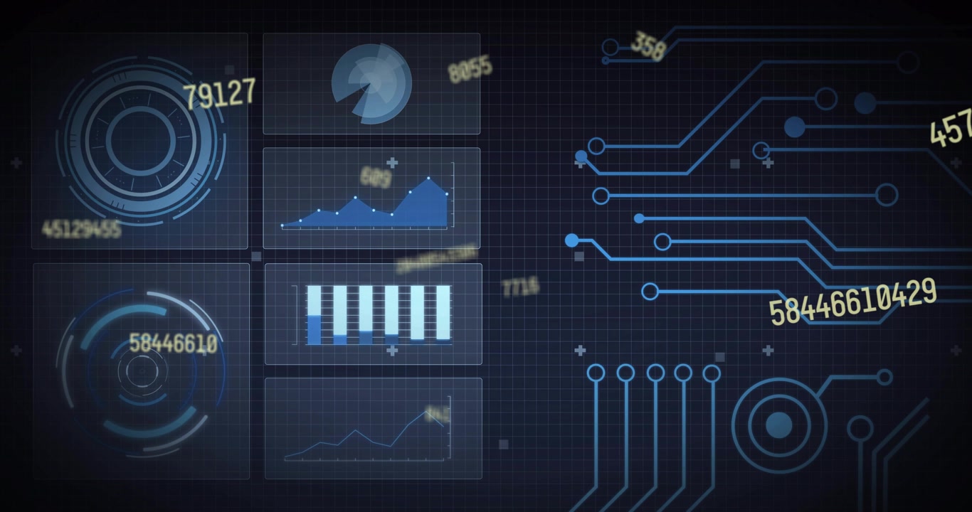 On load dashboard animating with charts updating, numbers drifting, traces pulsing for monitoring