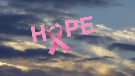 animation of hope text with ribbon over silhouette of grass against cloudy sky