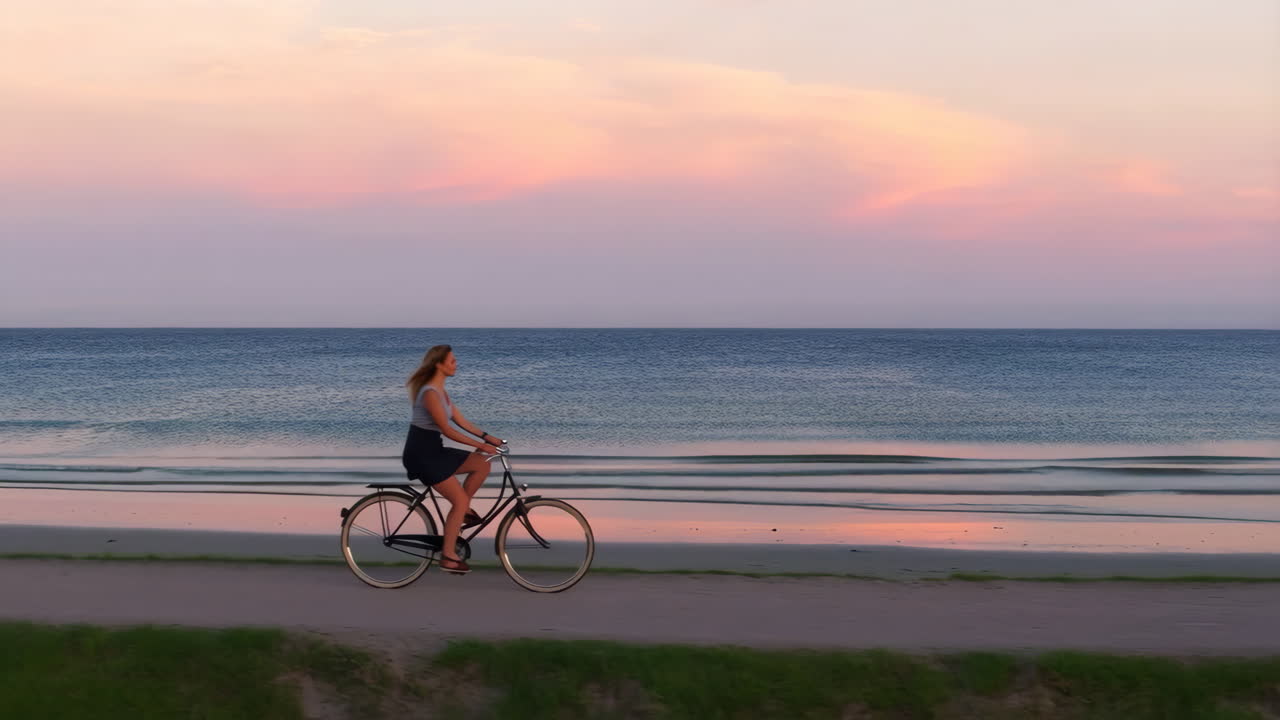 Woman Biking Along a Beach Path at Sunset