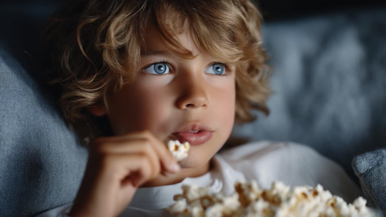 A Young Boy Enjoying Popcorn While Watching Something Captivating on the Couch, Safely Immersed in a Cozy Atmosphere with Focused Expression