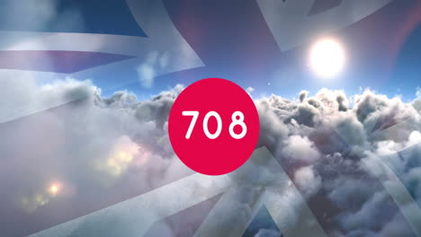 animation of counter over clouds and flag of united kingdom