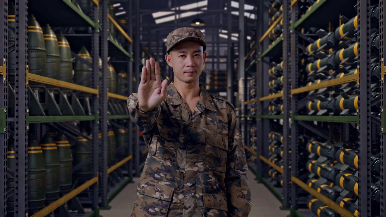 Asiatischer Soldat, der in einem Militärlager für Munition steht, in die Kamera schaut und ohne Handzeichen ablehnend reagiert