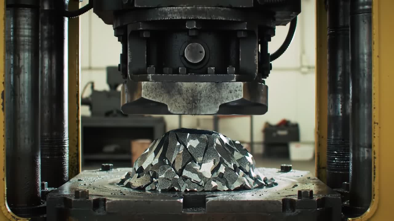 A powerful machine compresses metal pieces, creating innovative shapes in a bustling industrial workshop during the morning. Sparks fly as the metal is pressed with precision.