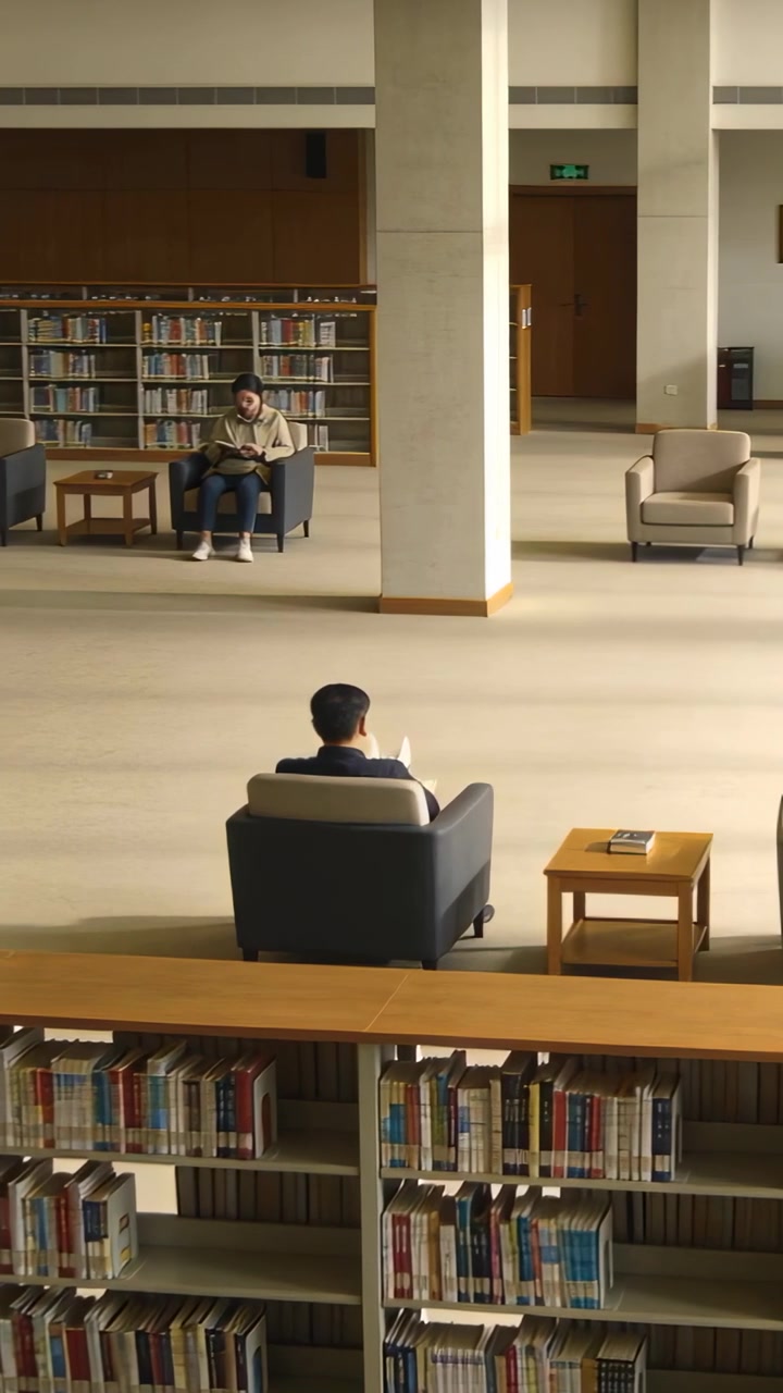 Video verticale: Riprese di un uomo con maglia scura che si sposta tra gli scaffali della biblioteca, un lettore che sfoglia le pagine studiando.