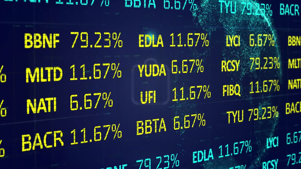 Animation of circle with padlock over digital screen with financial data and globe