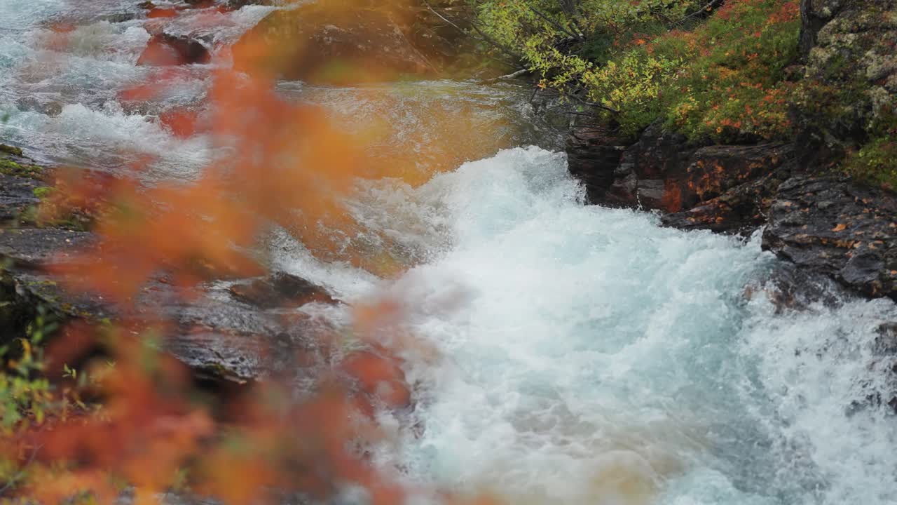 un río salvaje de montaña cae en cascadas en el lecho rocoso del río en el paisaje de otoño
