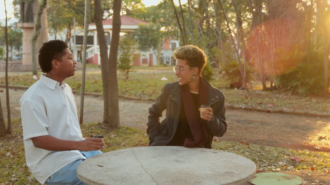 Two young men talking and walking in a park, then sitting at a table for coffee