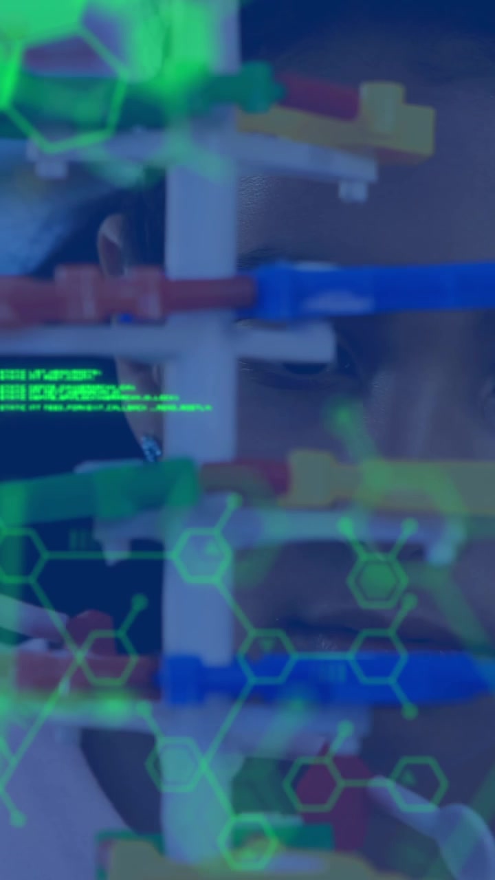 Animation of data processing and chemical formula over schoolgirl