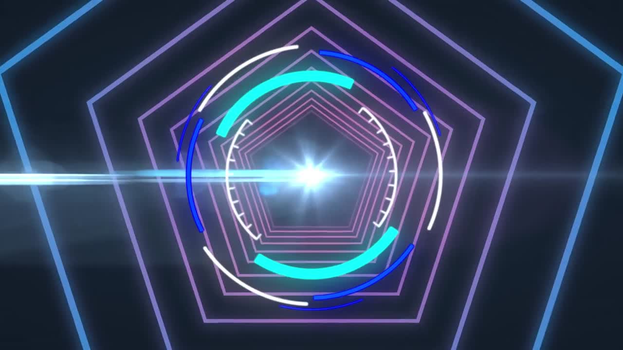 검은색 배경에 네온 모양과 빛의 흔적을 스캔하는 범위의 애니메이션